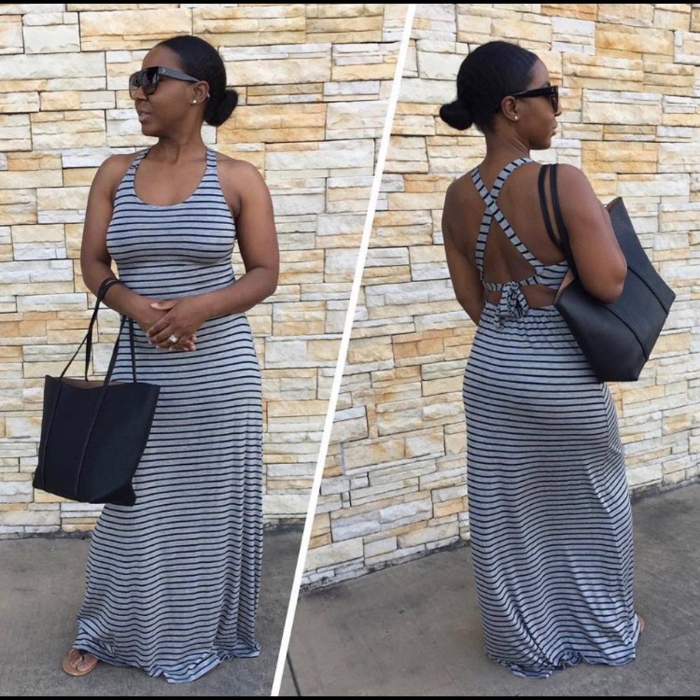 Striped Maxi Dress with Halter neck and Cross back